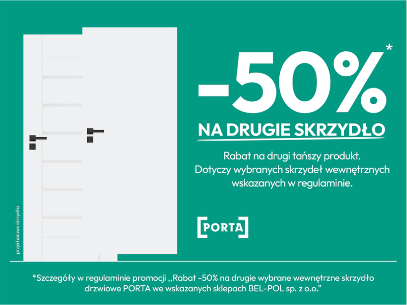 Rabat -50% na drugie wybrane wewnętrzne skrzydło drzwiowe 